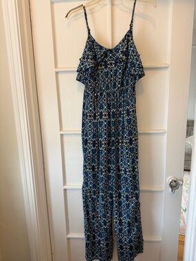 Blue Patterned Jumpsuit with Ruffle Bodice